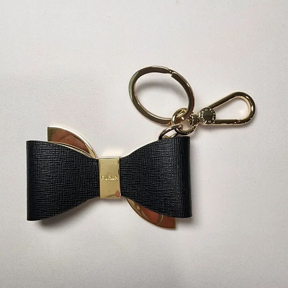 FURLA Ribbon Bow Motif Key Ring / Charm 42321 Black Textured Leather